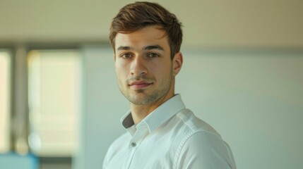 Wall Mural - Young man with short brown hair wearing a white collared shirt standing in an office environment with a neutral expression.