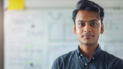 Sticker - A young man with dark hair and a light blue shirt standing in front of a whiteboard with writing on it.