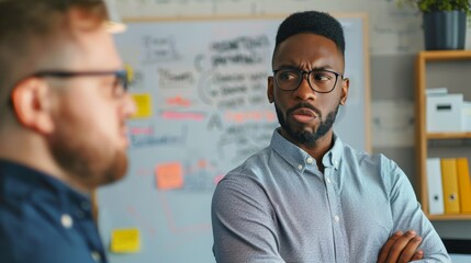 Poster - Two men in a professional setting one with arms crossed looking intently at the other who is facing away from the camera with a whiteboard filled with notes in the background.