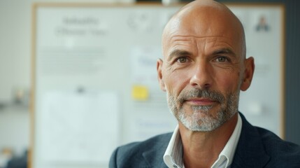 Poster - A middle-aged man with a bald head and a gray beard wearing a dark suit and a white shirt standing in front of a whiteboard with notes and diagrams.