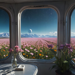 a two windows that look out onto a field of flowers