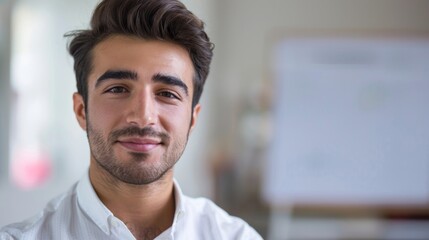 Poster - A young man with a beard smiling at the camera wearing a white shirt with a blurred whiteboard in the background.