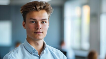 Poster - Young man with short hair and blue eyes wearing a light blue shirt standing in an office with blurred background.