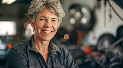 Wall Mural - Smiling woman with gray hair wearing a denim shirt standing in a garage with blurred background of car parts and tools.