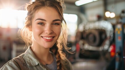 Wall Mural - Young woman with a radiant smile wearing a casual jacket standing in a workshop with natural light streaming in her hair styled in a braid exuding confidence and joy.