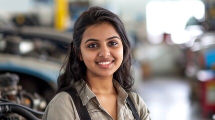 Wall Mural - Young woman with dark hair smiling wearing a light-colored shirt with a collar standing in a garage with blurred background of vehicles and equipment.