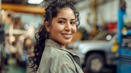 Wall Mural - Young woman with curly hair smiling in a workshop with blurred background of vehicles and equipment.