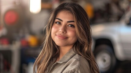 Wall Mural - Young woman with long brown hair smiling wearing a light-colored jacket standing in front of a blurred background with a red object and a vehicle.