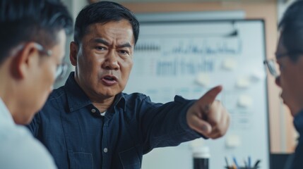 Poster - Asian man in blue shirt pointing at whiteboard with serious expression engaged in discussion with two colleagues in office setting.