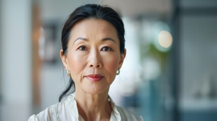 Wall Mural - Asian woman with dark hair and earrings wearing a white blouse looking directly at the camera with a slight smile.