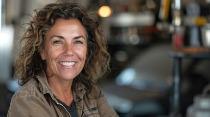 Wall Mural - A smiling woman with curly hair wearing a brown jacket sitting in a blurred indoor setting with warm lighting.