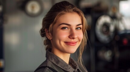Wall Mural - Young woman with a radiant smile her hair neatly pulled back wearing a casual shirt standing in a room with blurred background possibly a workshop or garage.
