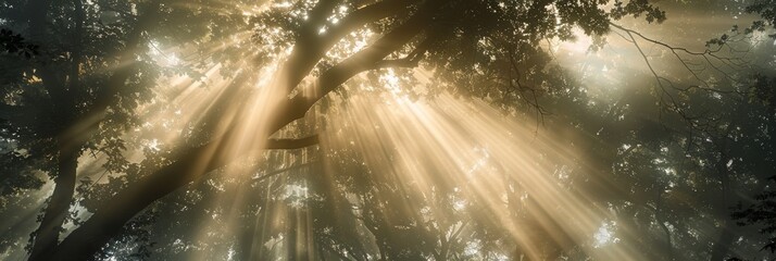 Poster - Golden rays of sun break through the forest canopy, casting a mystical glow on the foliage below.