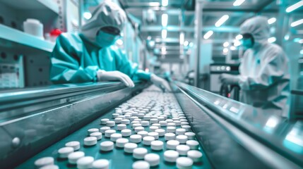 Poster - in a pharmaceutical factory, workers in protective gear meticulously inspect pills on a conveyor bel