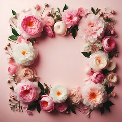 Wall Mural - A charming arrangement of pink and white flowers within a square frame against a soft pink backdrop, exuding a sense of delicate beauty. Ai generative 