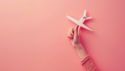 Wall Mural - a human hand holding an airplane against a solid color backdrop with copy space