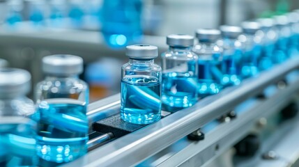 Poster - the pharmaceutical production line prioritizes precision and technology, featuring medicine vials mo