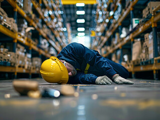 Poster - A carefully staged safety training image showing a worker in a navy blue uniform sprawled on a warehouse floo