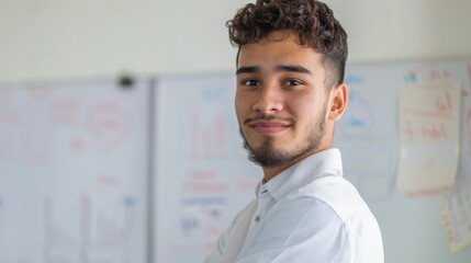 Poster - Young man with curly hair beard and mustache wearing a white shirt smiling and posing in front of a whiteboard with various notes and diagrams.