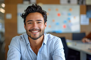 Wall Mural - a young professional proudly smirking at his desk, a whiteboard filled with completed tasks in the background, symbolizing success.