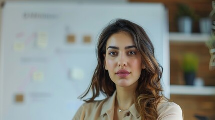 Wall Mural - A woman with long brown hair wearing a light-colored blouse standing in an office environment with a whiteboard and plants in the background.