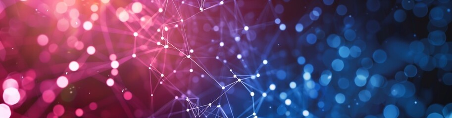 Poster - An abstract network featuring nodes and lines in vibrant pink, purple, and blue represents technology, innovation, and digital communication in a cyberspace context, symbolizing internet connectivity