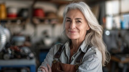 Wall Mural - A smiling woman with silver hair wearing a gray shirt and brown suspenders standing in a workshop with various tools and equipment in the background.