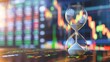 © Sirisook - An hourglass timer sits in front of a  stock market ticker.