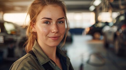 Wall Mural - A young woman with freckles wearing a green jacket standing in a garage with blurred cars in the background smiling at the camera.