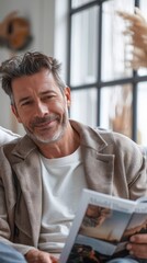 Poster - Smiling man with gray hair wearing a beige jacket sitting on a couch holding a magazine with a photo of a woman on the cover.