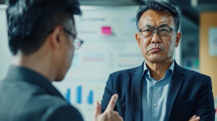 Poster - A man in a suit and glasses frowning engaged in a serious conversation with another man who is gesturing with his hand.