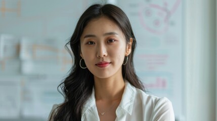 Wall Mural - A young woman with long dark hair wearing a white blouse smiling at the camera with a professional and friendly demeanor set against a backdrop of a whiteboard with various notes and diagrams.