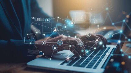 Poster - The professional businessman is focused on utilizing a laptops data visualization for enhanced efficiency in a futuristic workspace, showcasing innovation and modern technology for optimal results