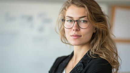 Wall Mural - Young woman with glasses wearing a black blazer looking directly at the camera with a slight smile.