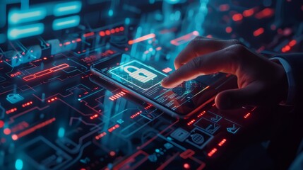 Poster - Exploring Cybersecurity Technology A hand with a digital interface. Keywords cybersecurity, technology, digital, interface, hand, smartphone, data, futuristic, protection, innovation, tech