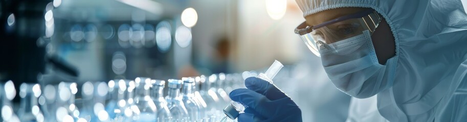 Aufkleber - In a hightech laboratory, a scientist in protective gear performs healthcare research with precision, innovation, and discovery using test tubes, focusing on science and medical progress