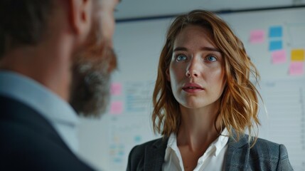 Poster - A woman with red hair wearing a blue blazer looking intently at a man with a beard in a professional setting with a whiteboard in the background.