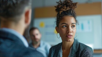 Poster - A woman with curly hair and hoop earrings looking to the side with a thoughtful expression in a professional setting with blurred colleagues in the background.