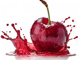 Wall Mural - Fresh cherry with splash of red juice isolated on white