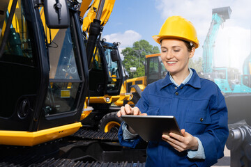 Aufkleber - Female engineer in a helmet with a digital tablet stands next to construction excavators..