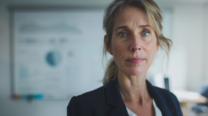 Poster - A woman with blonde hair wearing a dark blazer standing in an office with a whiteboard in the background.