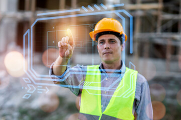 Wall Mural - Engineering technician worker using digital blueprint computer technology, futuristic holographic tech architecture innovation analyzing planning building, wearing safety vest and helmet gears.