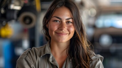 Wall Mural - A young woman with long brown hair smiling at the camera wearing a green shirt standing in a workshop with blurred background.