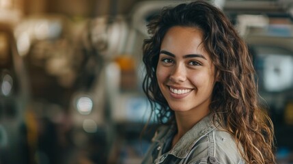 Wall Mural - Smiling woman with curly hair wearing a denim jacket standing in a blurred indoor setting with warm lighting.