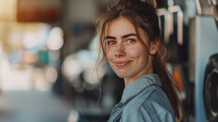 Poster - Young woman with freckles and a gentle smile looking over her shoulder wearing a light blue jacket standing in a blurred urban setting with a hint of a car in the background.