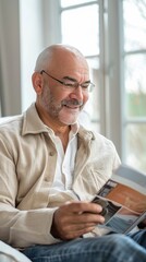 Wall Mural - A bald man with glasses wearing a beige jacket sitting comfortably and smiling while reading a magazine with a window in the background.