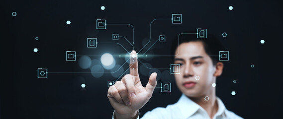 Poster - businessman worker managing folder data and document management system dms, information computer tec