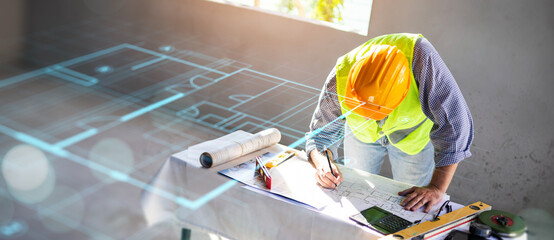 Wall Mural - Architect worker designing digital blueprint computer technology, futuristic engineering  holographic tech architecture innovation analyzing planning building, wearing safety vest and helmet gears.