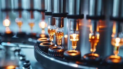 Poster - A pharmaceutical factory utilizes an advanced automated production line with hightech precision to fill glass vials with liquid and bottles them on a conveyor belt for distribution