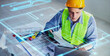 © Have a nice day  - Architect worker designing digital blueprint computer technology, futuristic engineering  holographic tech architecture innovation analyzing planning building, wearing safety vest and helmet gears.